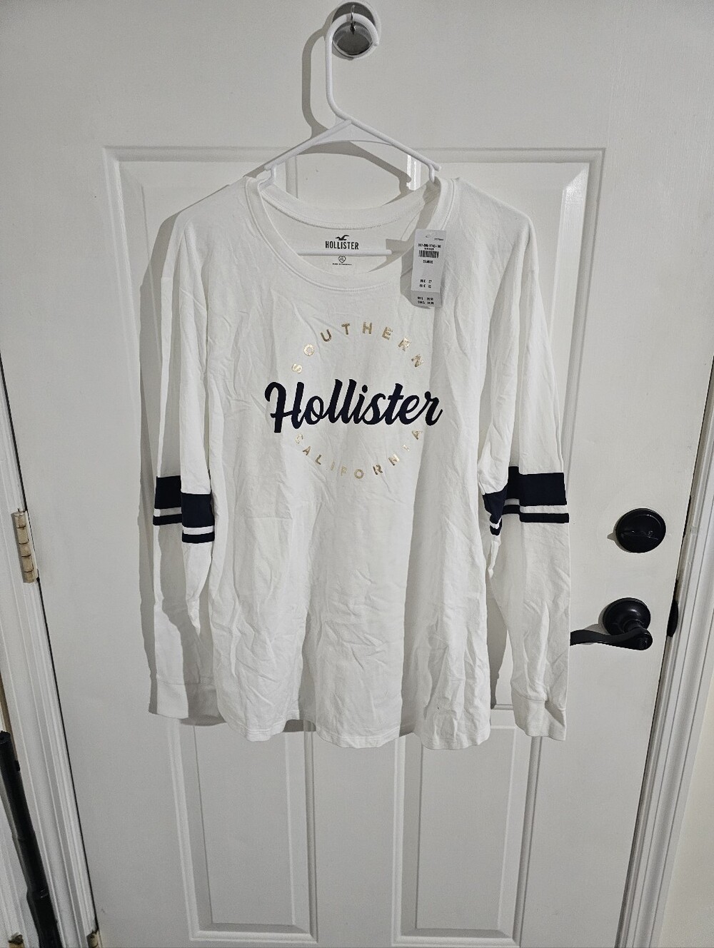 Hollister White Long Sleeve Tee with Navy Stripe & Script NWT